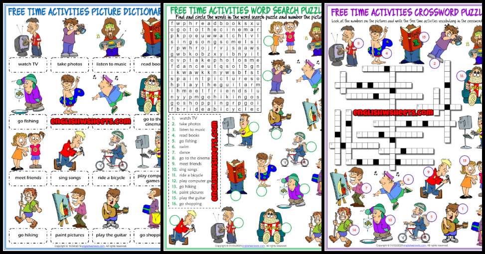 Free Time Activities ESL Vocabulary Worksheets