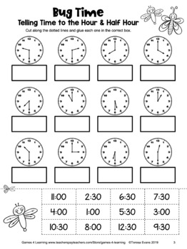 Free Telling Time Worksheet for to the Hour and Half Hour Cut and ...