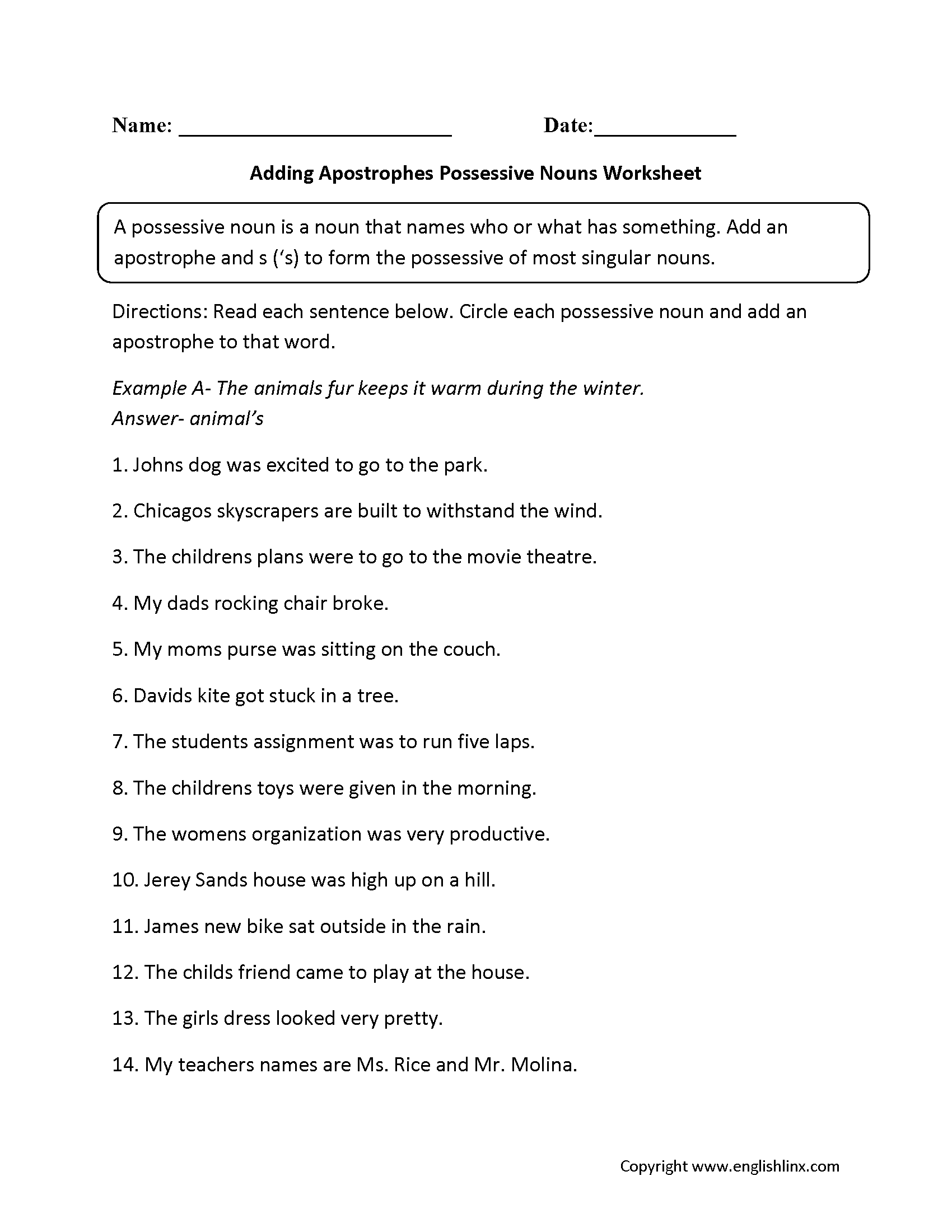 free worksheet possessive nouns