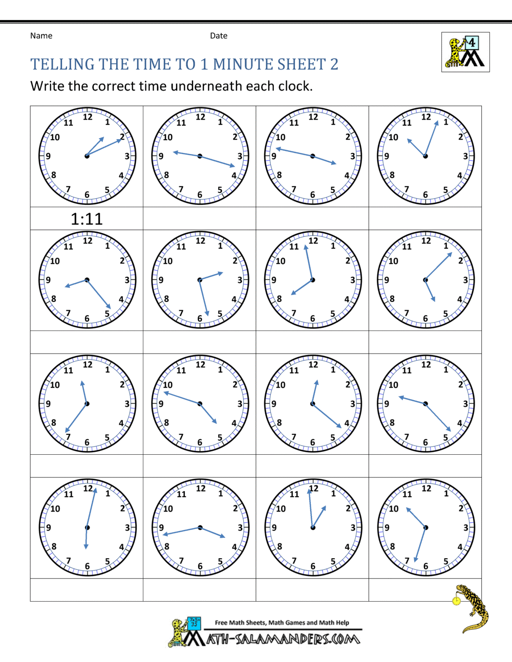 Telling Time Worksheets Grade 4 to the nearest minute