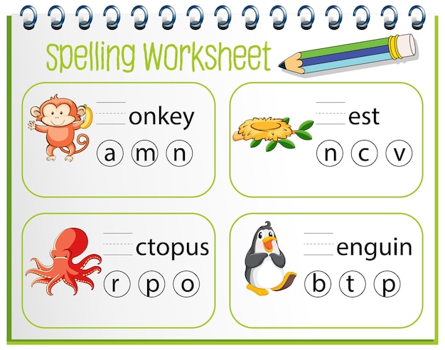 Free Vector | Spelling worksheet template for kids