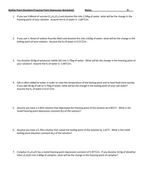 Freezing Point Depression and Boiling Point Elevation Wksht - Quia