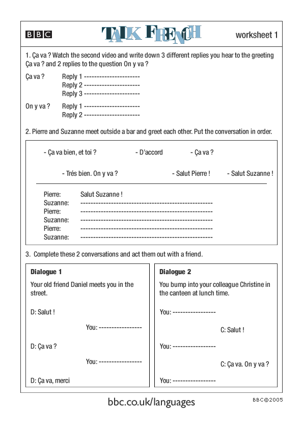 BBC - Languages - Talk French - Greetings - Worksheet
