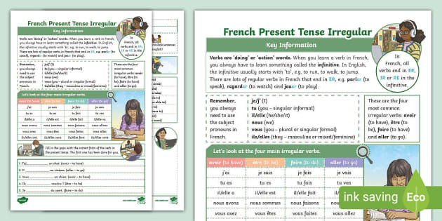 ? French Irregular Verbs in Present Tense Worksheet