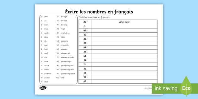 French Numbers Worksheet | Elementary |  Canada