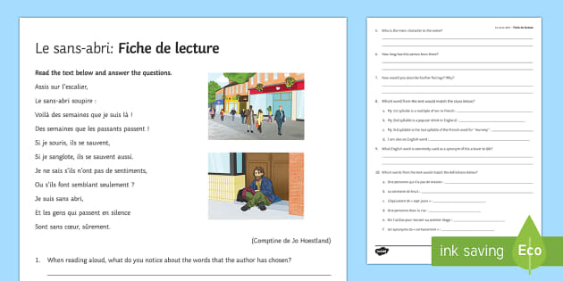 Homelessness French Reading Comprehension Worksheet - Twinkl