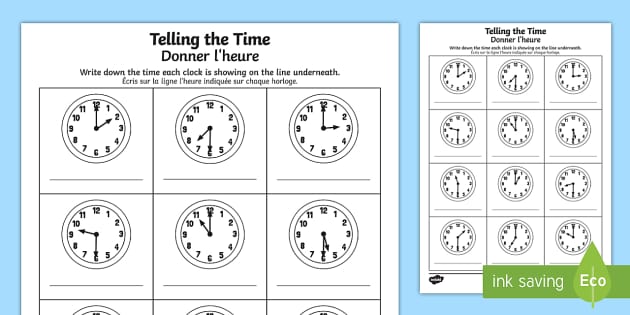 Oclock and Half Past Times Worksheet English/French
