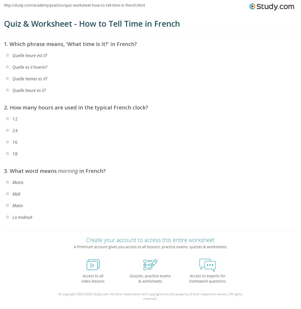Quiz &  Worksheet - How to Tell Time in French | Study.com