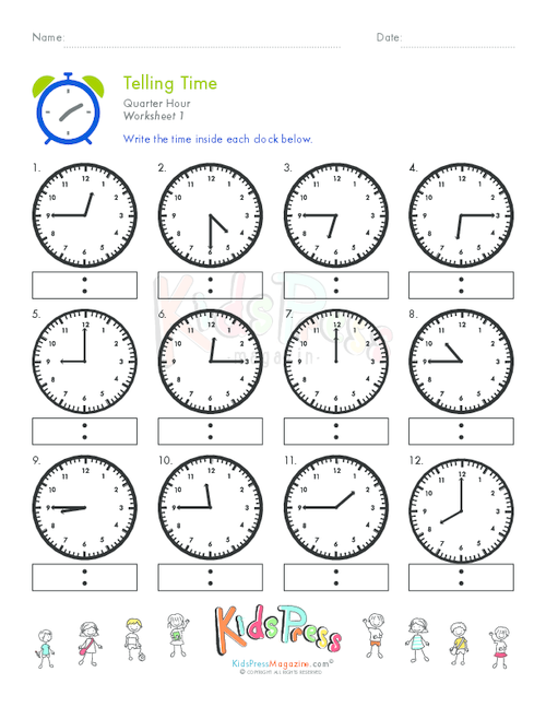 Telling Time Quarter Hour Worksheet #1 - KidsPressMagazine.com