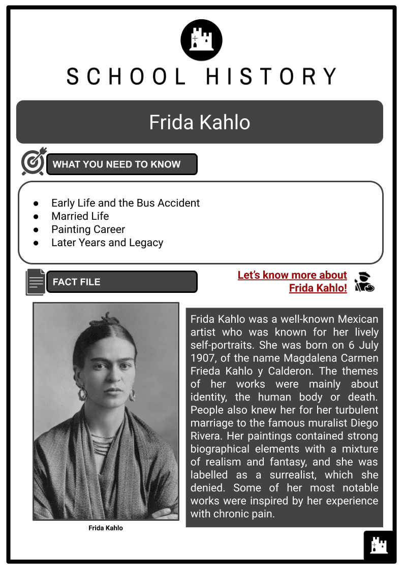 Frida Kahlo, Life, Career, Legacy, Facts &  Worksheets