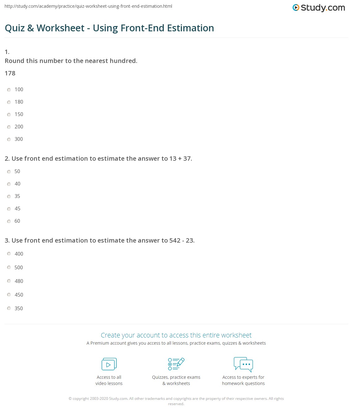 Quiz &  Worksheet - Using Front-End Estimation | Study.com