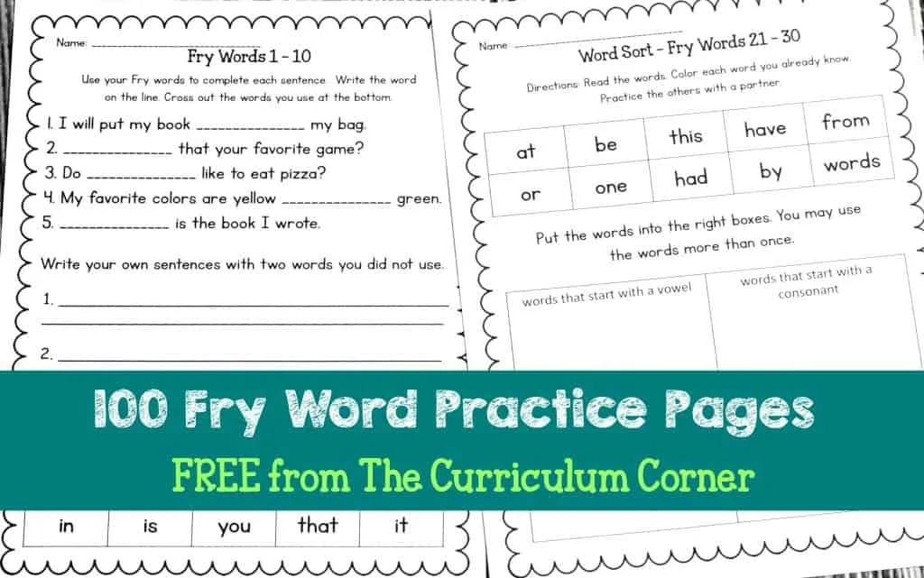 Fry Word Practice Pages - The Curriculum Corner 123