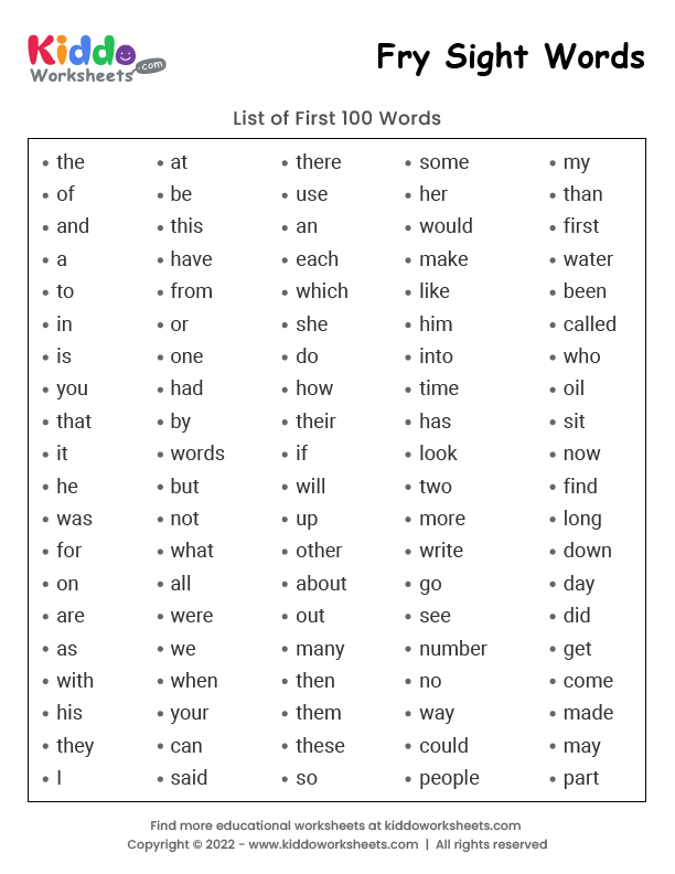 Free Printable Fry Sight Words List 1 Worksheet - kiddoworksheets