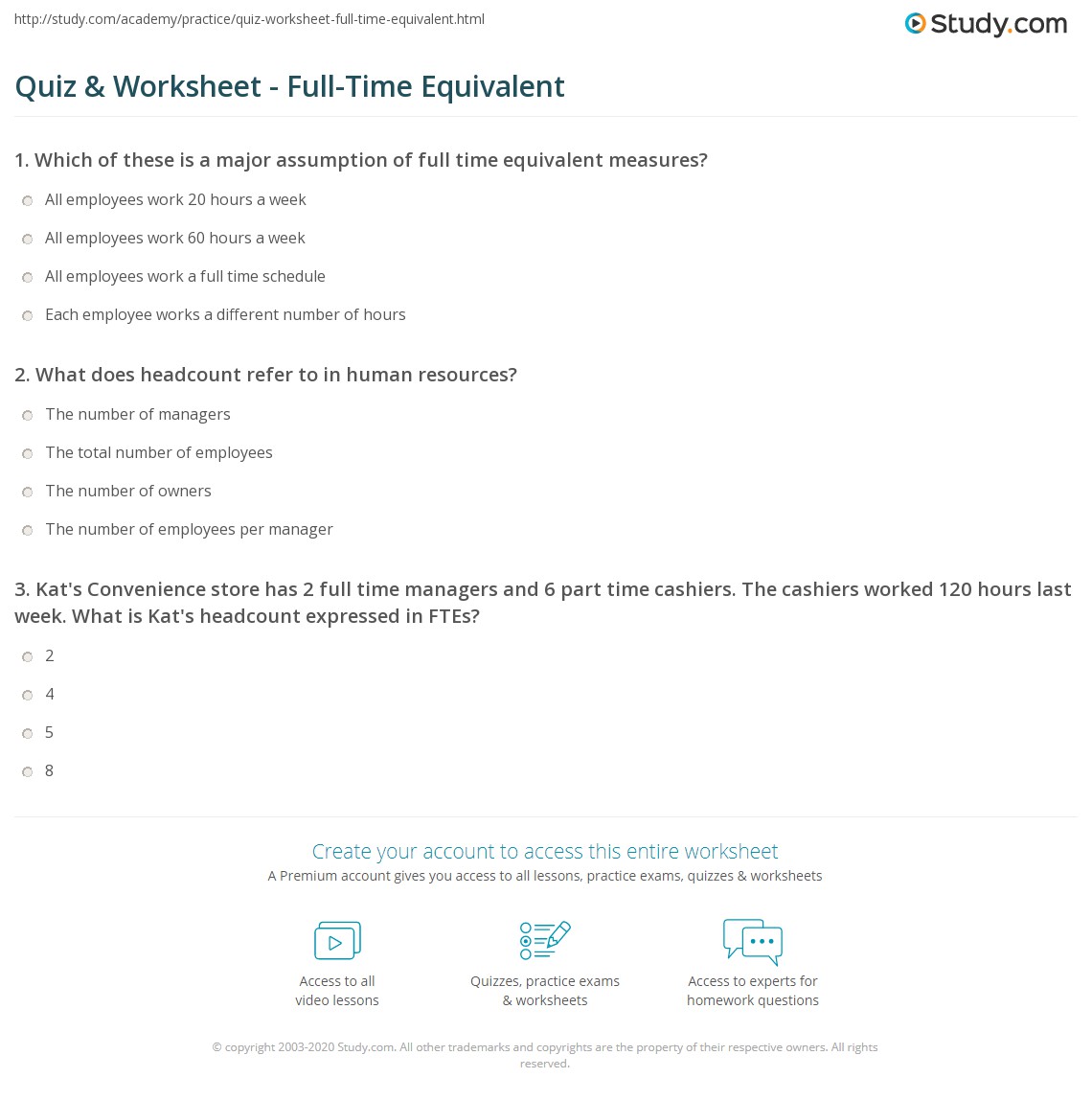 Quiz &  Worksheet - Full-Time Equivalent | Study.com