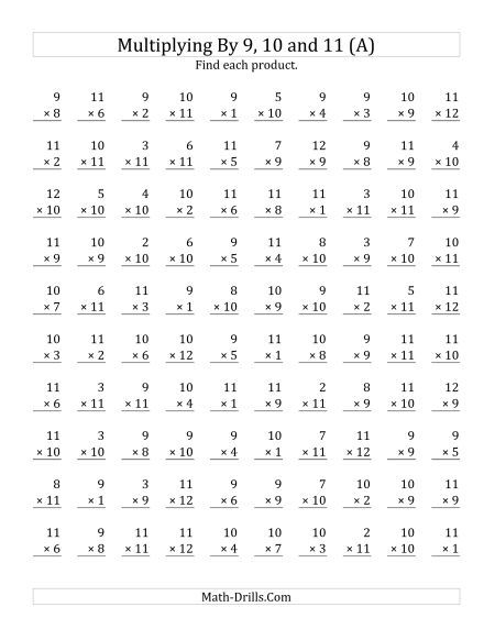 Multiplying (1 to 12) by 9 to 11 (100 Questions) (A)