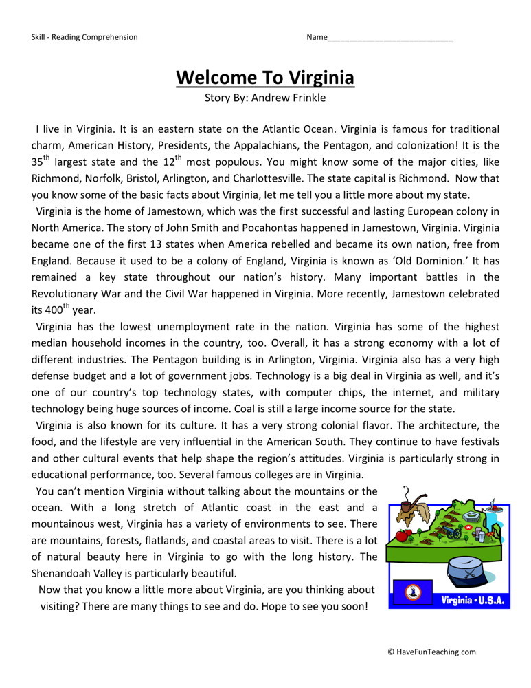 Reading Comprehension Worksheet - Welcome to Virginia