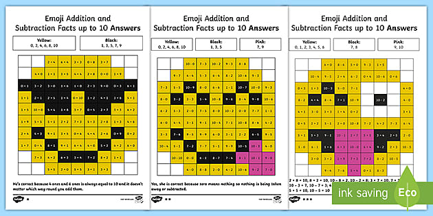 ? Emoji Addition and Subtraction Facts up to 10 Worksheet