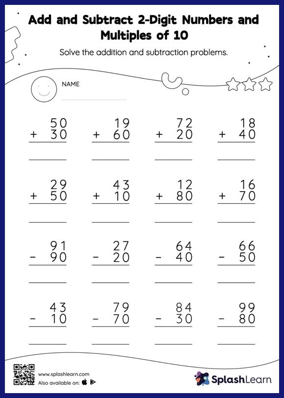 Add and Subtract 2-Digit Numbers and Multiples of 10: Vertical ...
