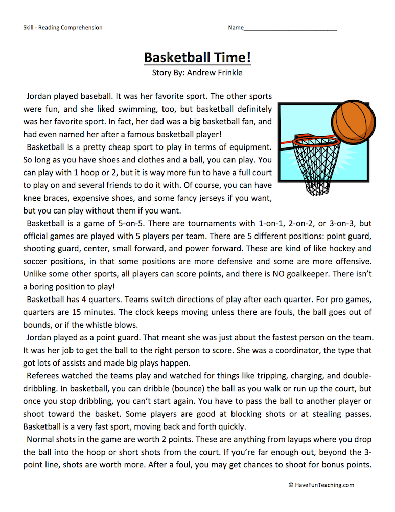 Basketball Time Reading Comprehension Worksheet  