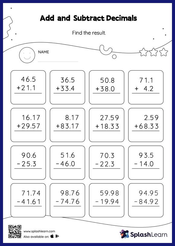 Add and Subtract Decimals: Vertical — Printable Math Worksheet ...