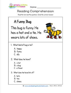 Kindergarten Reading Comprehension - A Funny Bug