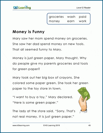 Money is Funny - Level G Childrens Story | Worsheets library