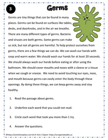 Reading Comprehension About Germs Worksheets