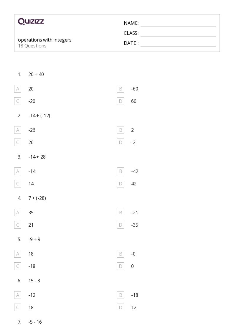 50+ Operations With Integers worksheets for 5th Grade on Quizizz ...