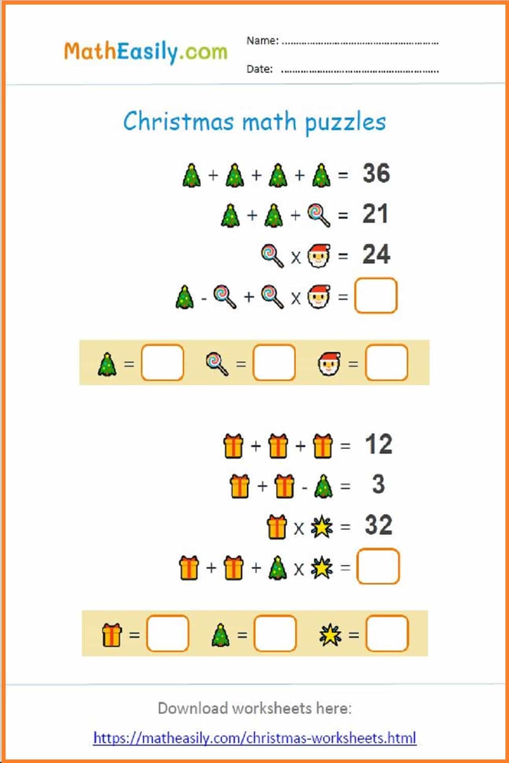 Christmas Math Puzzles Online + PDF ?