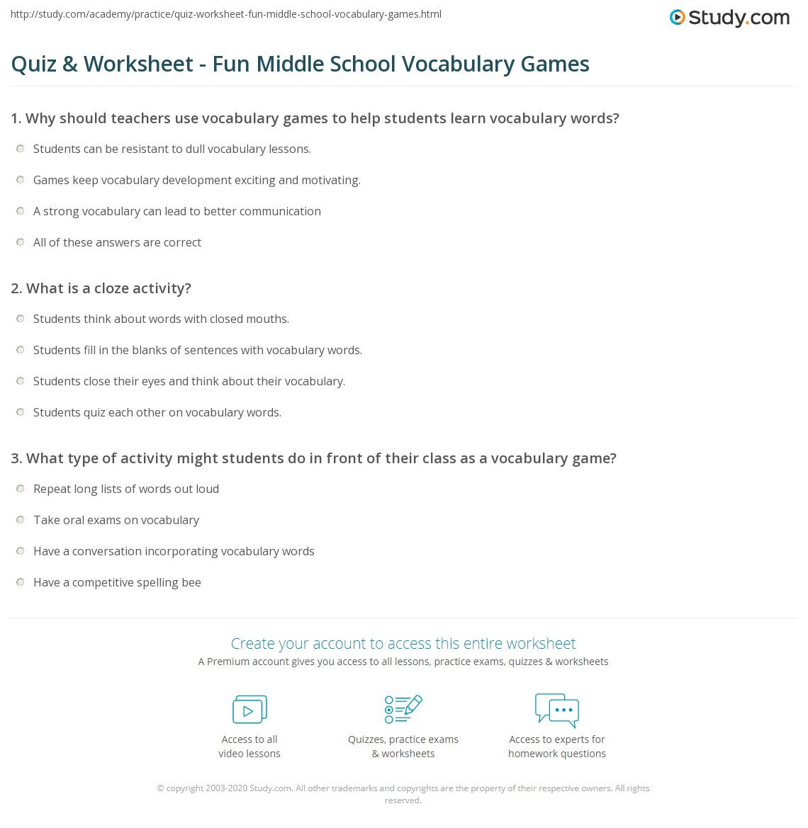 Quiz &  Worksheet - Fun Middle School Vocabulary Games | Study.com