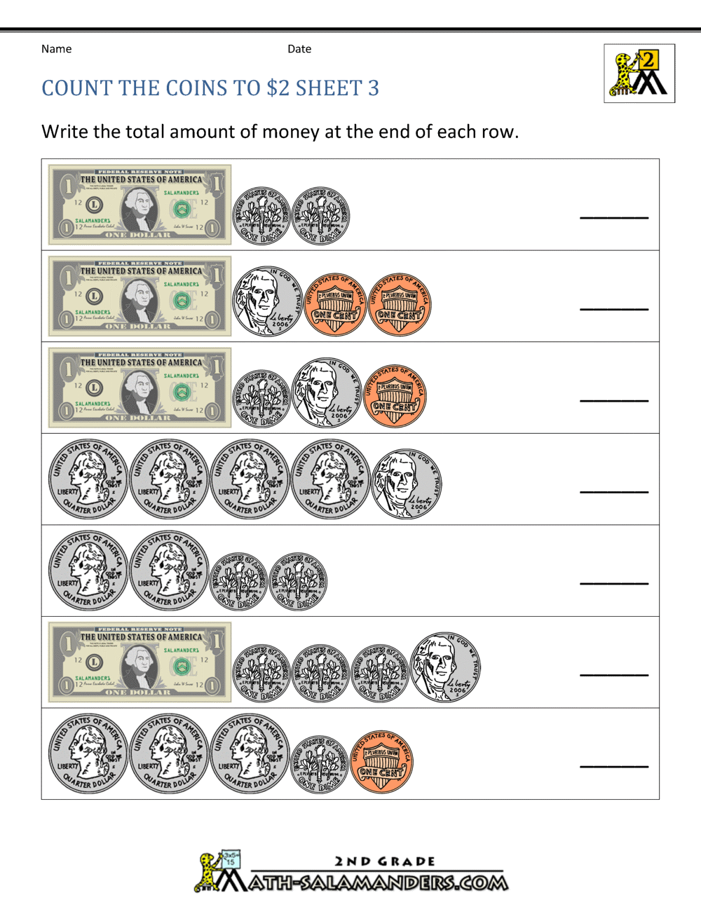 2nd Grade Money Worksheets up to $2