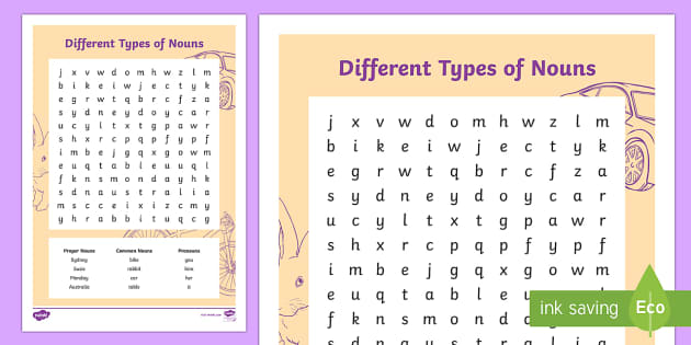 Word Search - Different Kinds of Nouns Worksheet - Twinkl