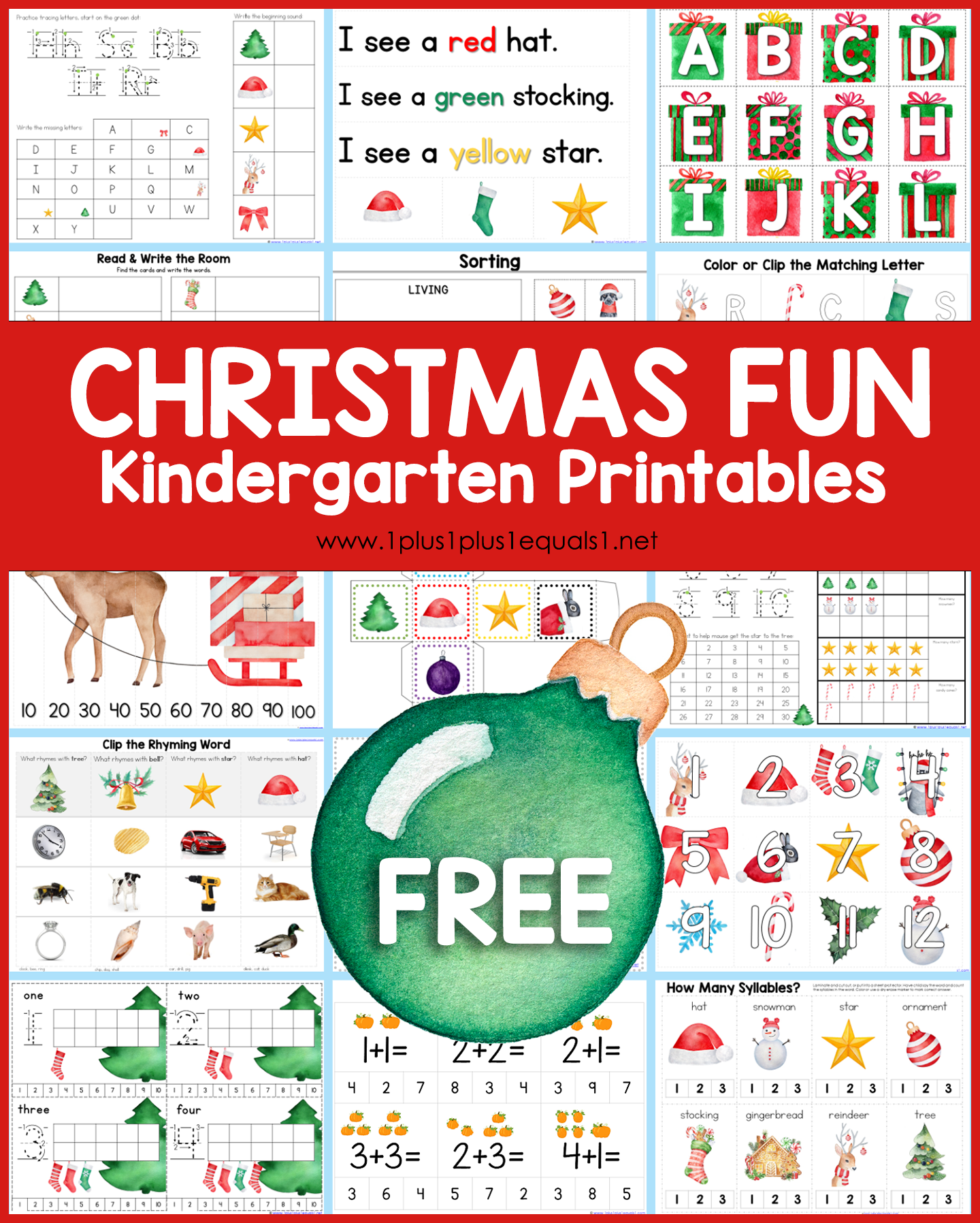 Christmas Printables for Kids ~ Kindergarten Christmas Fun - 1+1+1=1