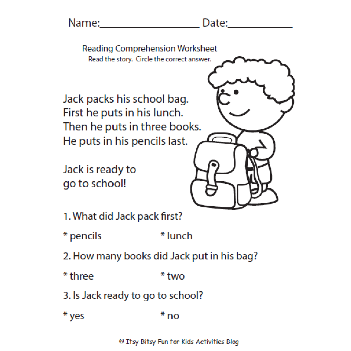 Free Reading Comprehension Worksheets for Back to School ...