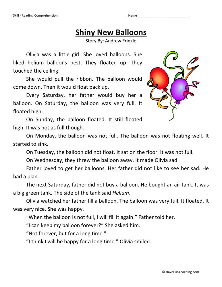 Reading Comprehension Worksheet - Shiny New Balloons