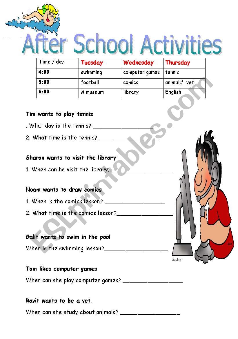 after school activities - ESL worksheet by orlyar1