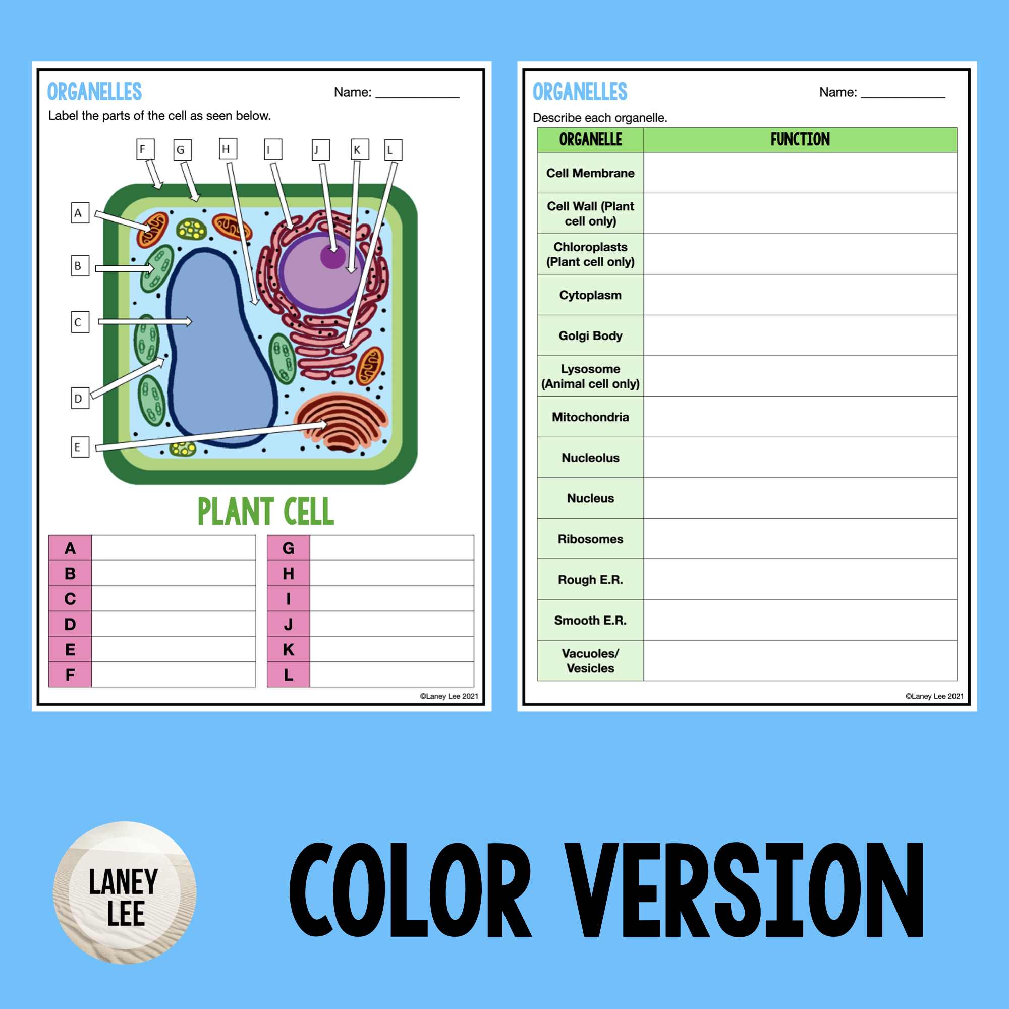 Organelles Worksheet - Label and Describe - Laney Lee