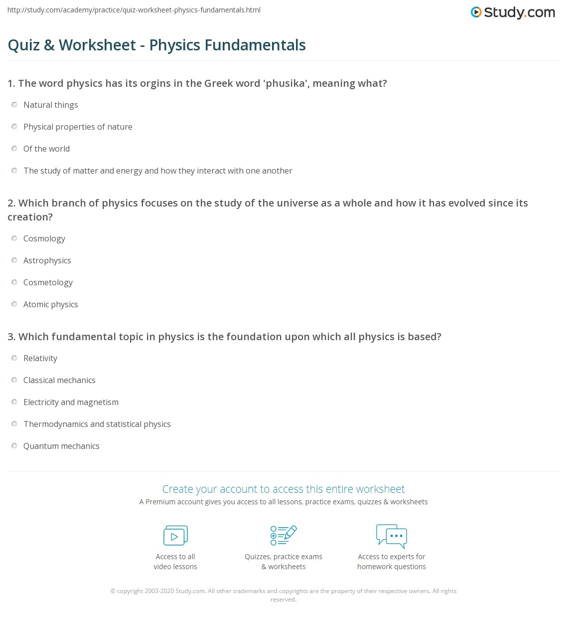 Quiz &  Worksheet - Physics Fundamentals | Study.com