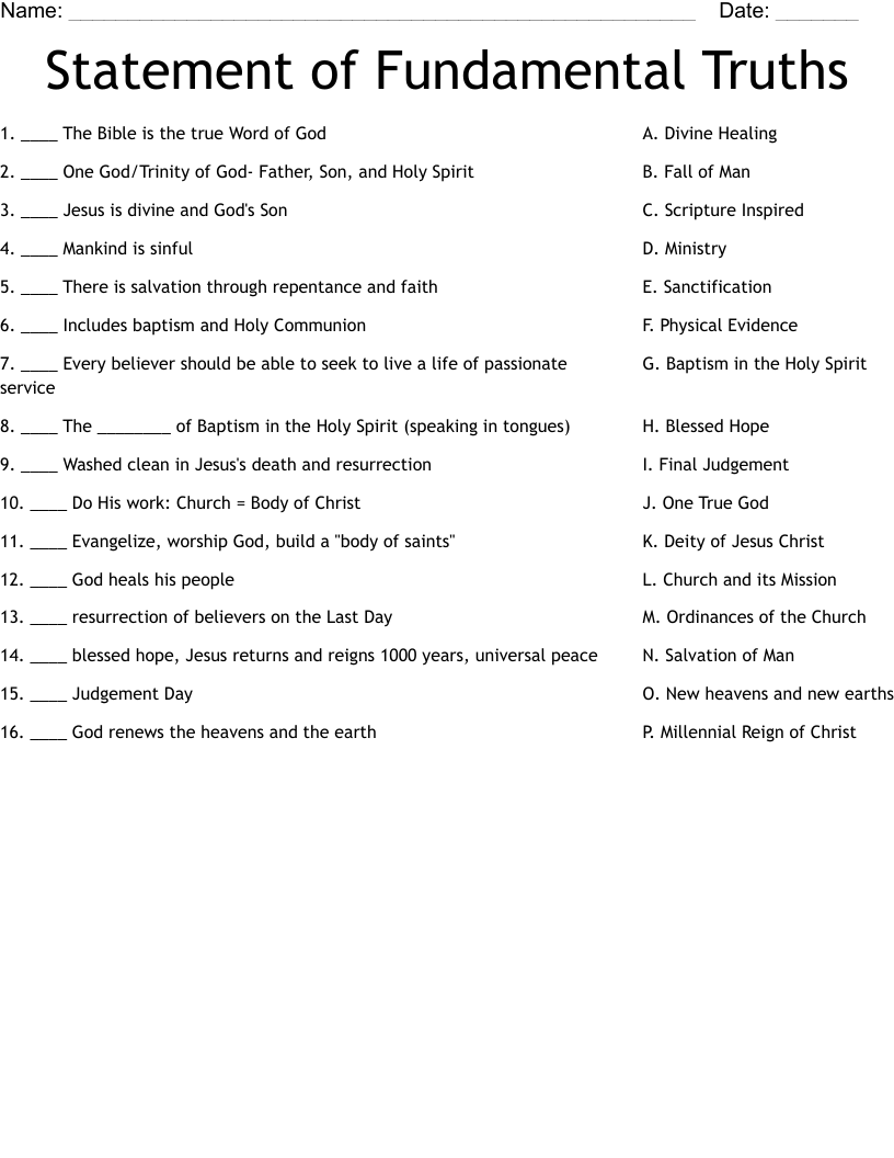 Statement of Fundamental Truths Worksheet - WordMint