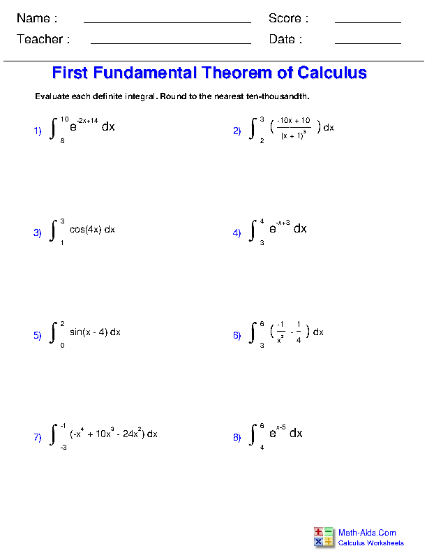 Calculus Worksheets | Definite Integration Worksheets