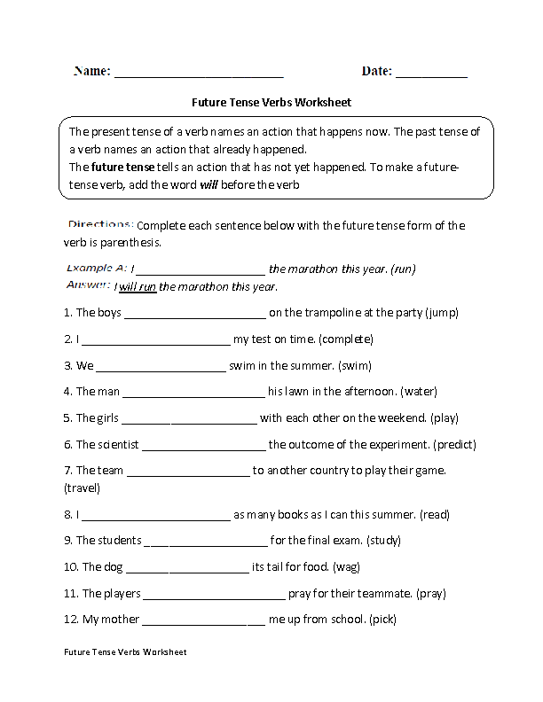 Verb Tenses Worksheets | Future Tense Verbs Practice Worksheet