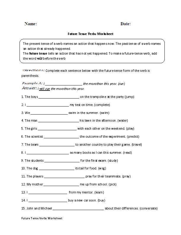 Verb Tenses Worksheets | Future Tense Verbs Worksheet