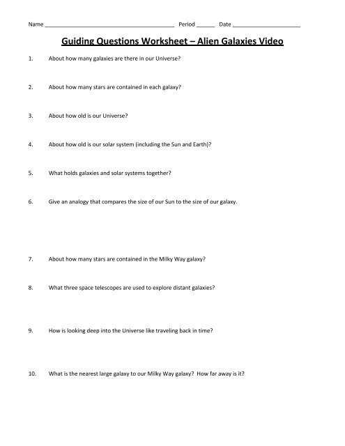 Guiding Questions Worksheet - Alien Galaxies Video