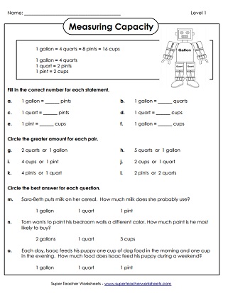Capacity Worksheets (Gallons, Quarts, Pints, and Cups)