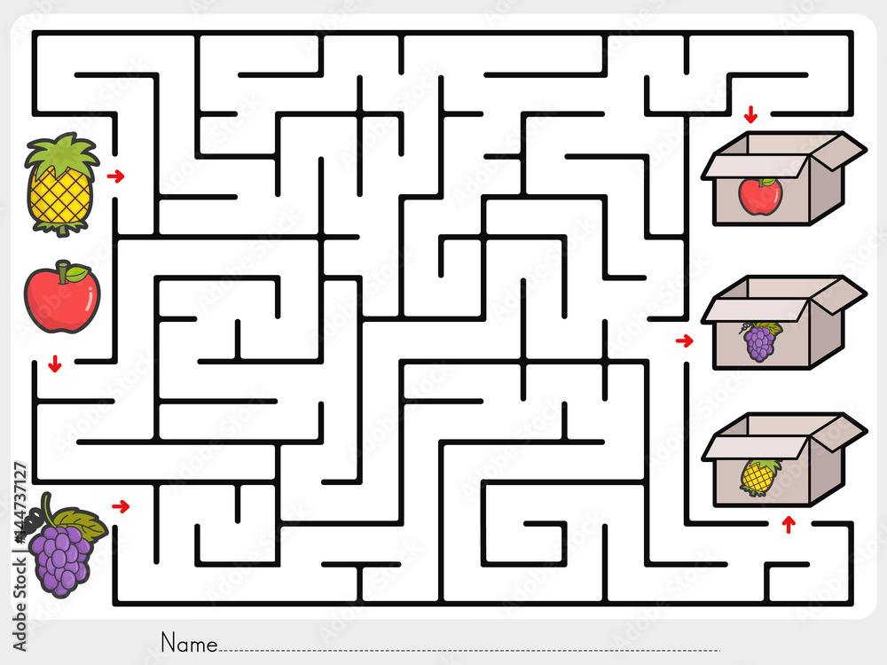 Maze game: Pick fruits box - worksheet for education Stock ...