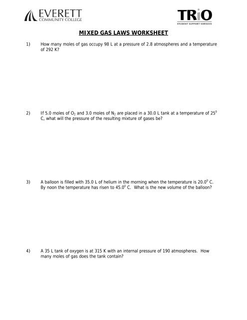 Mixed Gas Laws Worksheet - Everett Community College