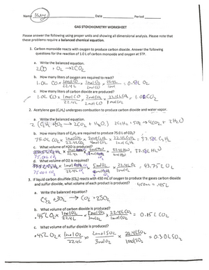 gas stoichiometry worksheet answer key