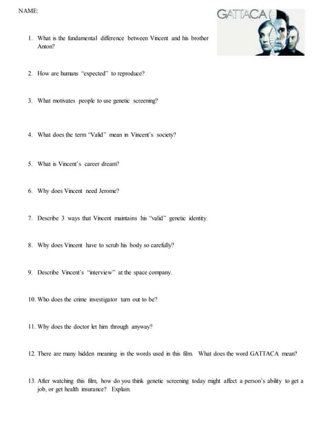 Gattaca Questions | PDF | Human Nature | Science