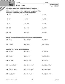 Gcf of a Monomial Lesson Plans &  Worksheets Reviewed by Teachers