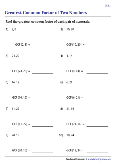 GCF of Two Numbers Worksheets